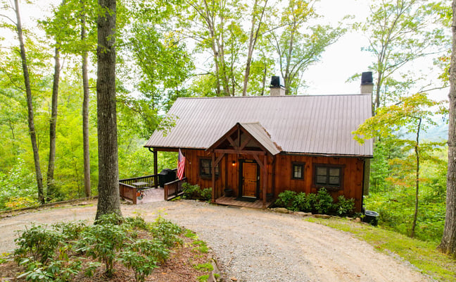 Rustic wooden cabin with metal roof nestled among tall trees on a gravel driveway